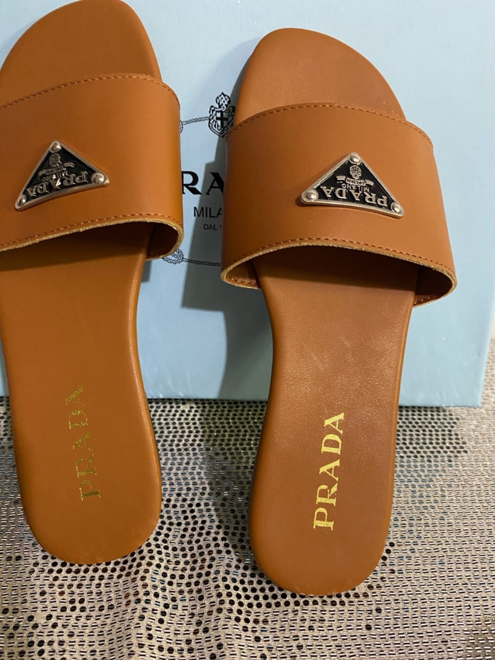 Prada Brown Leather Slide Sandals with Gold Logo Plaque